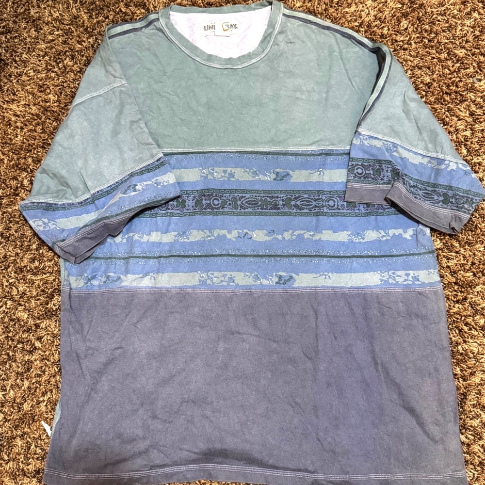 Vintage Unionbay Mens XL Blue Teal Colorblock Paisley Pattern T-Shirt Cotton